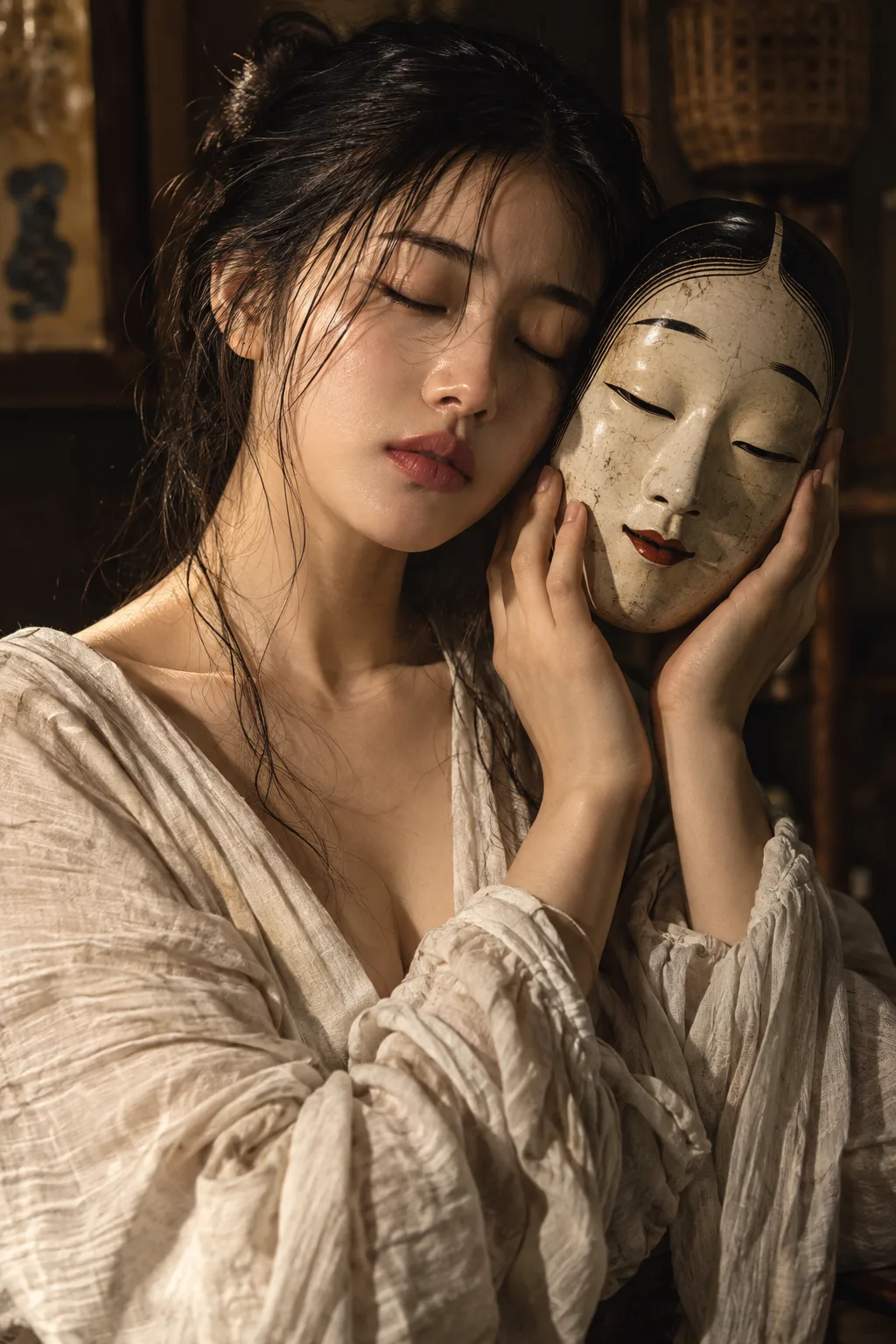 A cinematic close-up portrait of a young East Asian woman with porcelain skin and delicate features, eyes gently closed in a serene, almost