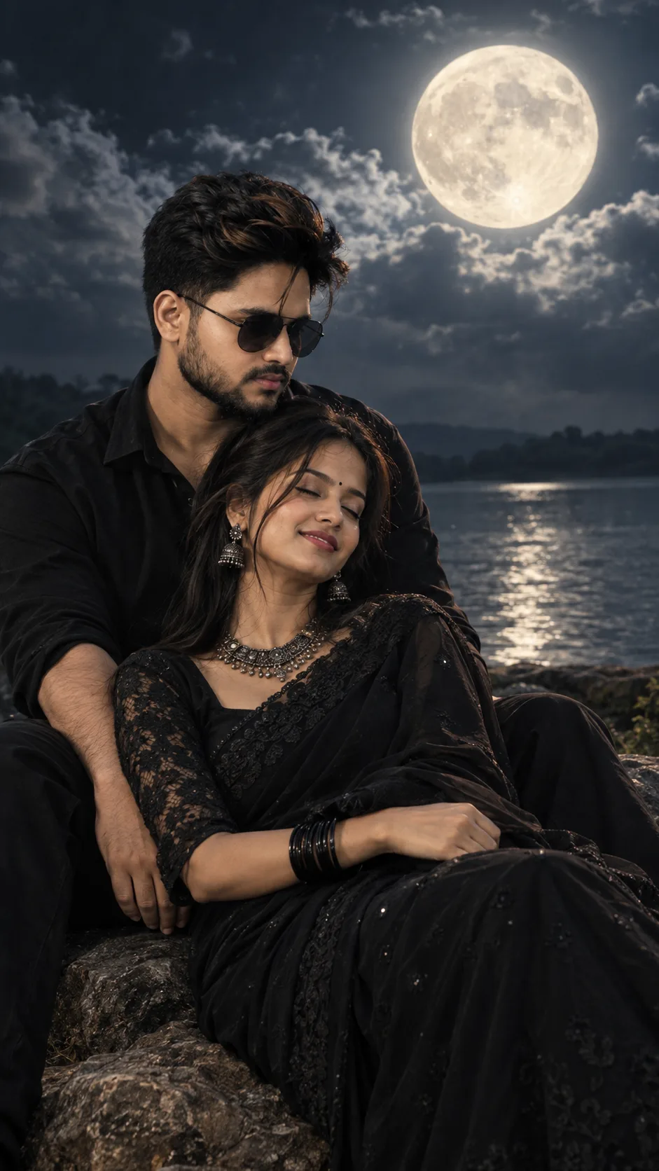 A highly detailed, photorealistic cinematic portrait of a romantic South Asian couple posing together outdoors at night.