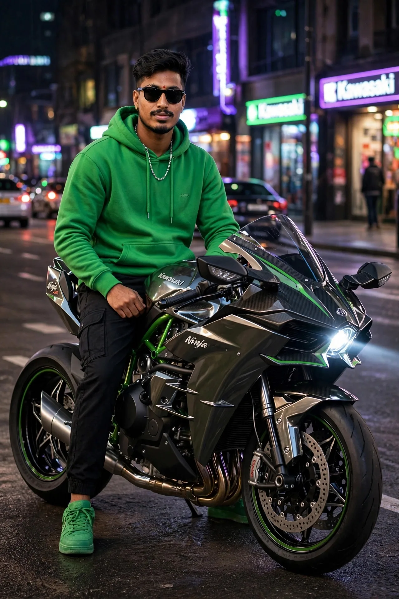 Parked Beast Look:* ಅದೇ green hoodie, black cargo, green sneakers ನಲ್ಲಿ green Ninja H2R ಮೇಲೆ ಕುಳಿತು, city night neon background, bike