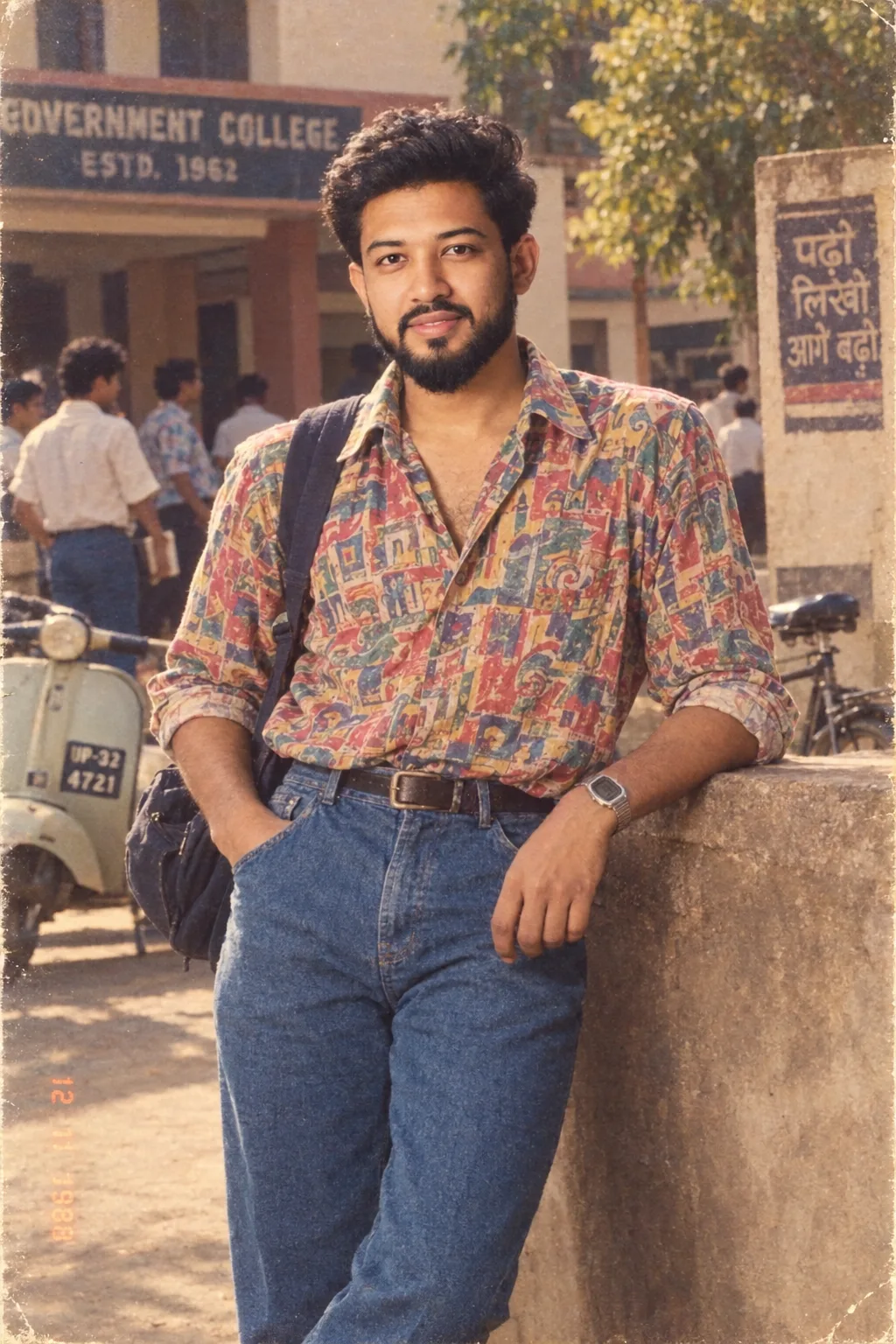 Use the uploaded photo and recreate the same person as if photographed in India in the late 1980s.