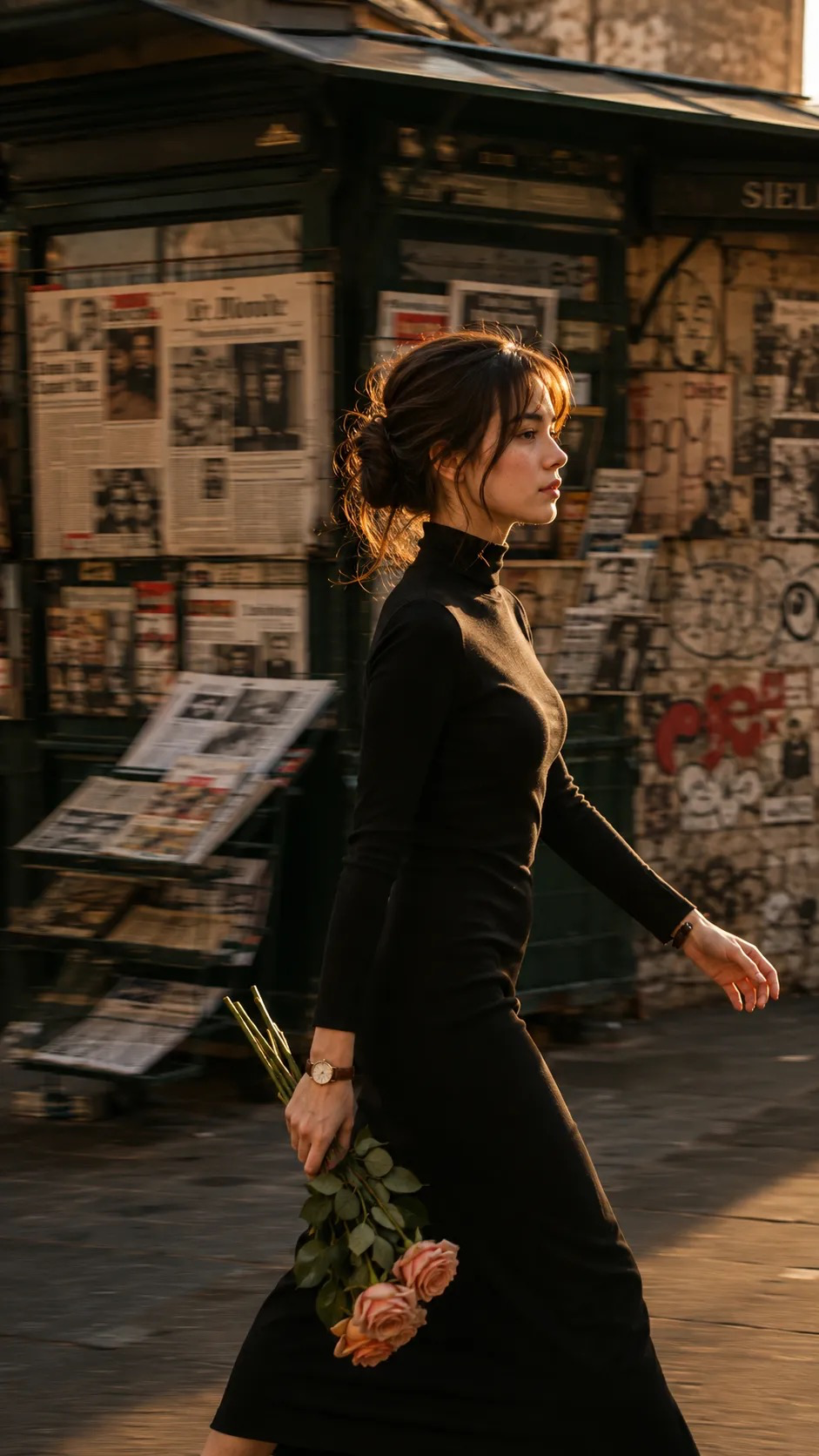 Roses in Motion — Cinematic street photography, vertical 9:16.