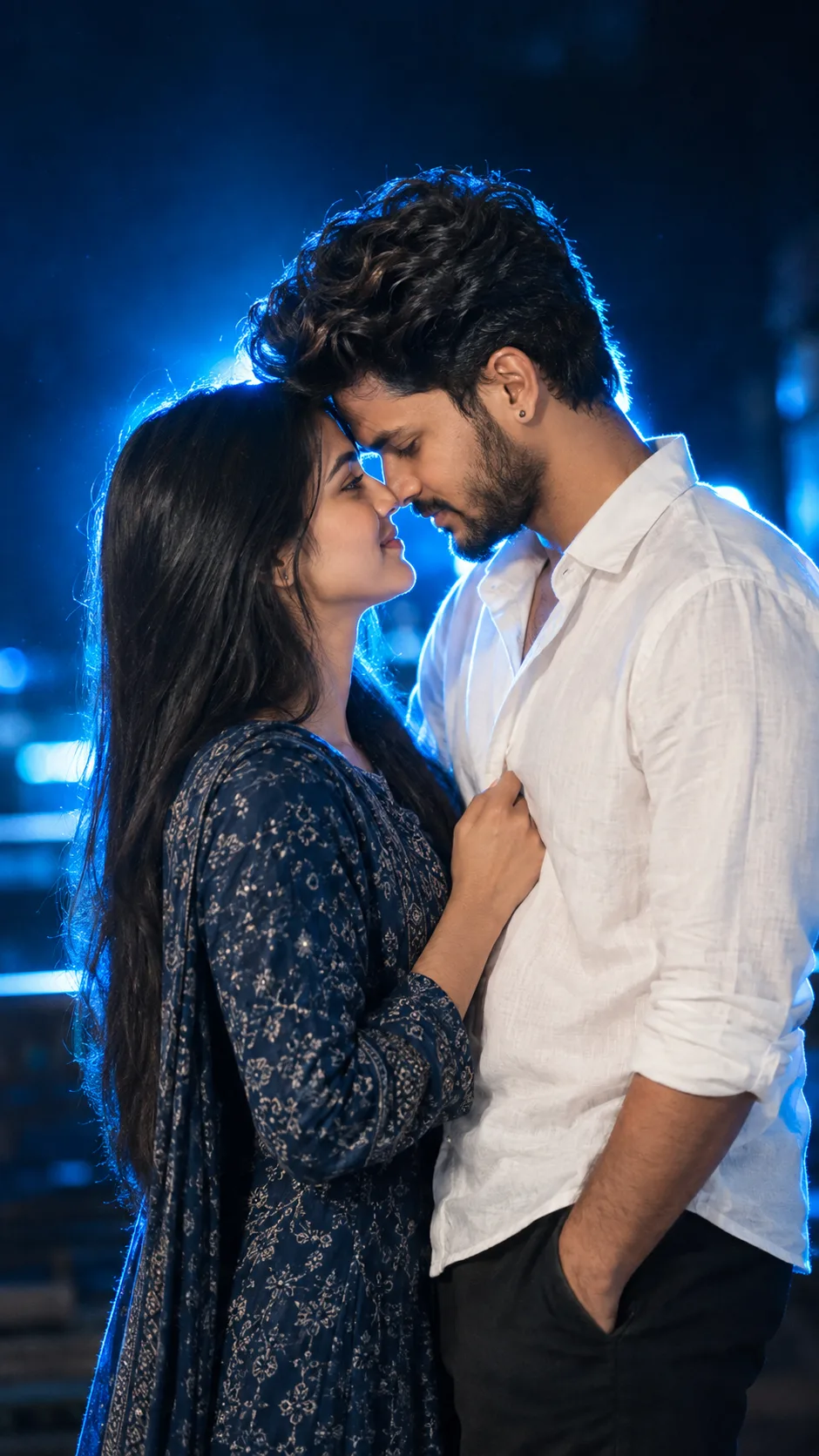 Create an ultra-realistic cinematic 8K vertical 9:16 portrait of a young South Indian couple standing very close together in an intimate,