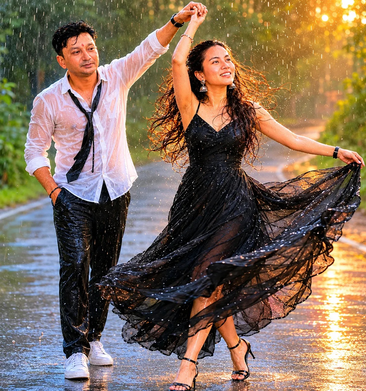 A cinematic, full-body portrait of a joyful young couple dancing playfully in a heavy downpour on a wet, asphalt road winding through a