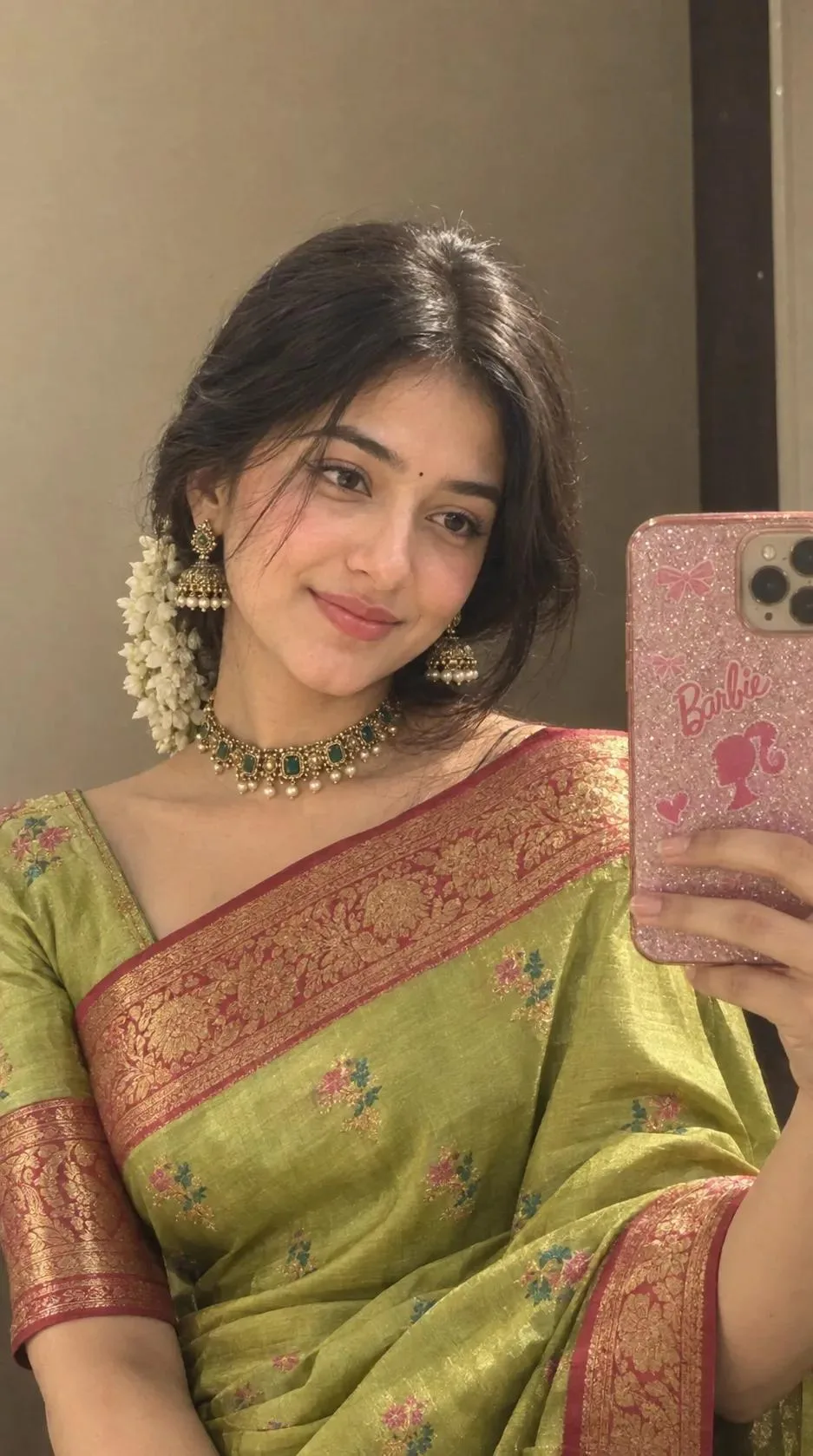 🌿Green silk & jasmine kind of evening💚🌸 Ultra-realistic high-resolution portrait of a young South Asian woman taking a mirror selfie,