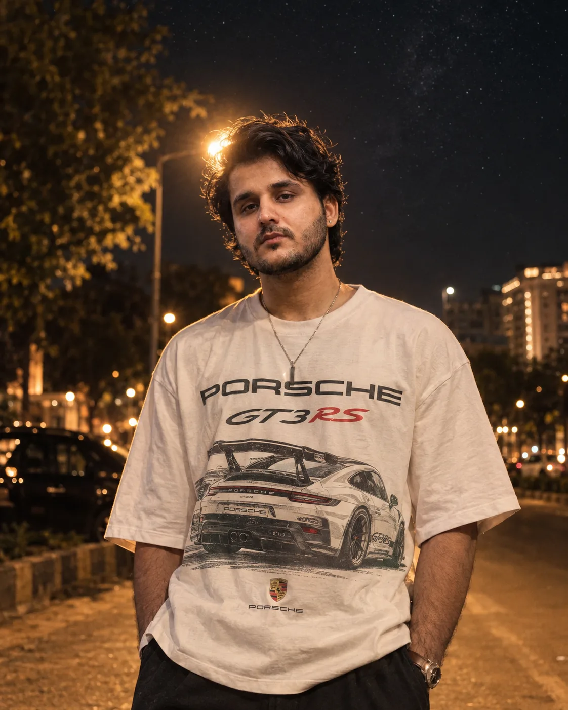 A cinematic nighttime portrait of a young man standing outdoors under a dark starry sky, wearing an oversized white Porsche 911 GT3 RS