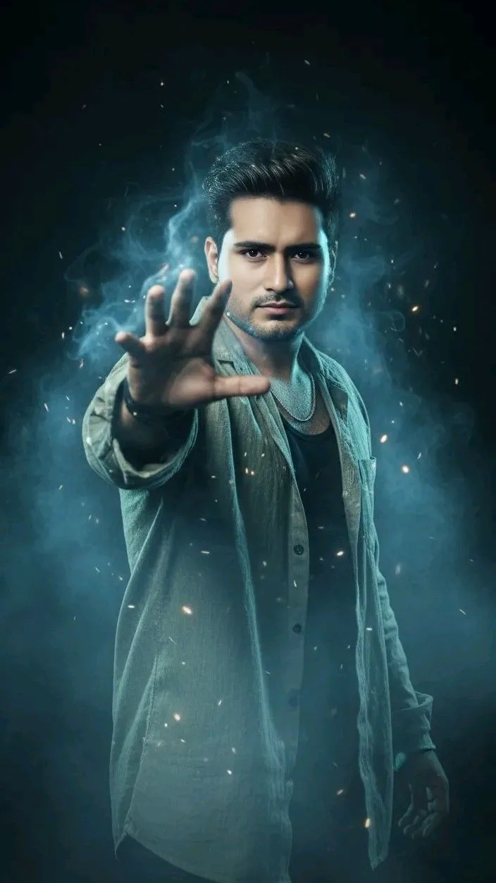 "A cinematic, dramatic photo of a young South Asian man with stylish dark hair and a light beard, looking directly into the camera with an