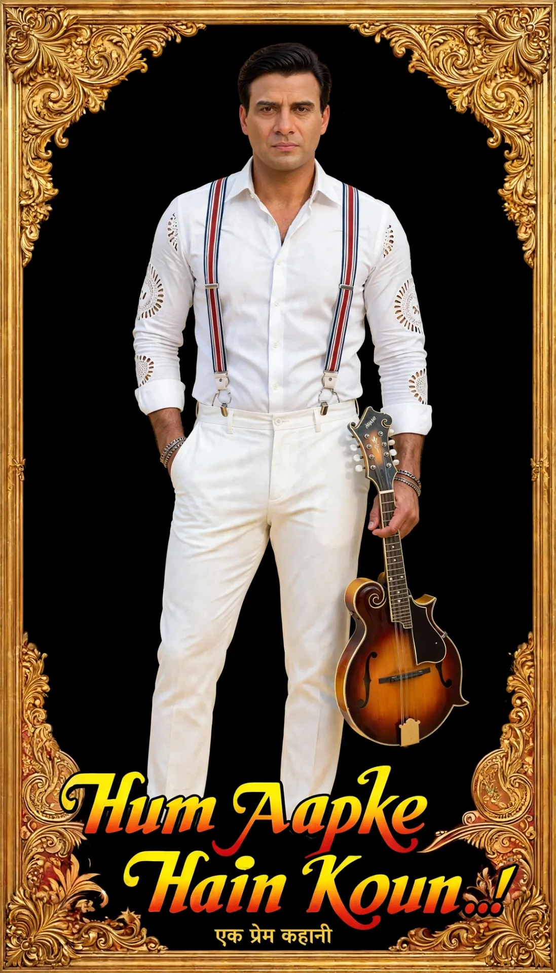 A premium Bollywood hero poster, exact same composition, Indian man standing centered full body, white shirt with lace cutwork on sleeves,