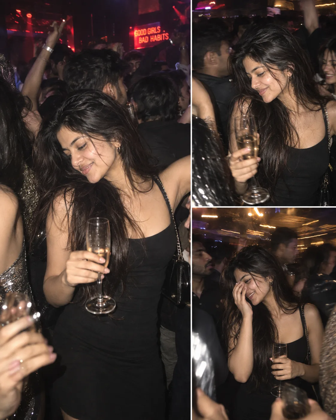 Create 2-3 images of 4:5 tight handheld snapshot inside a packed nightclub, a young woman in the foreground holds a champagne glass