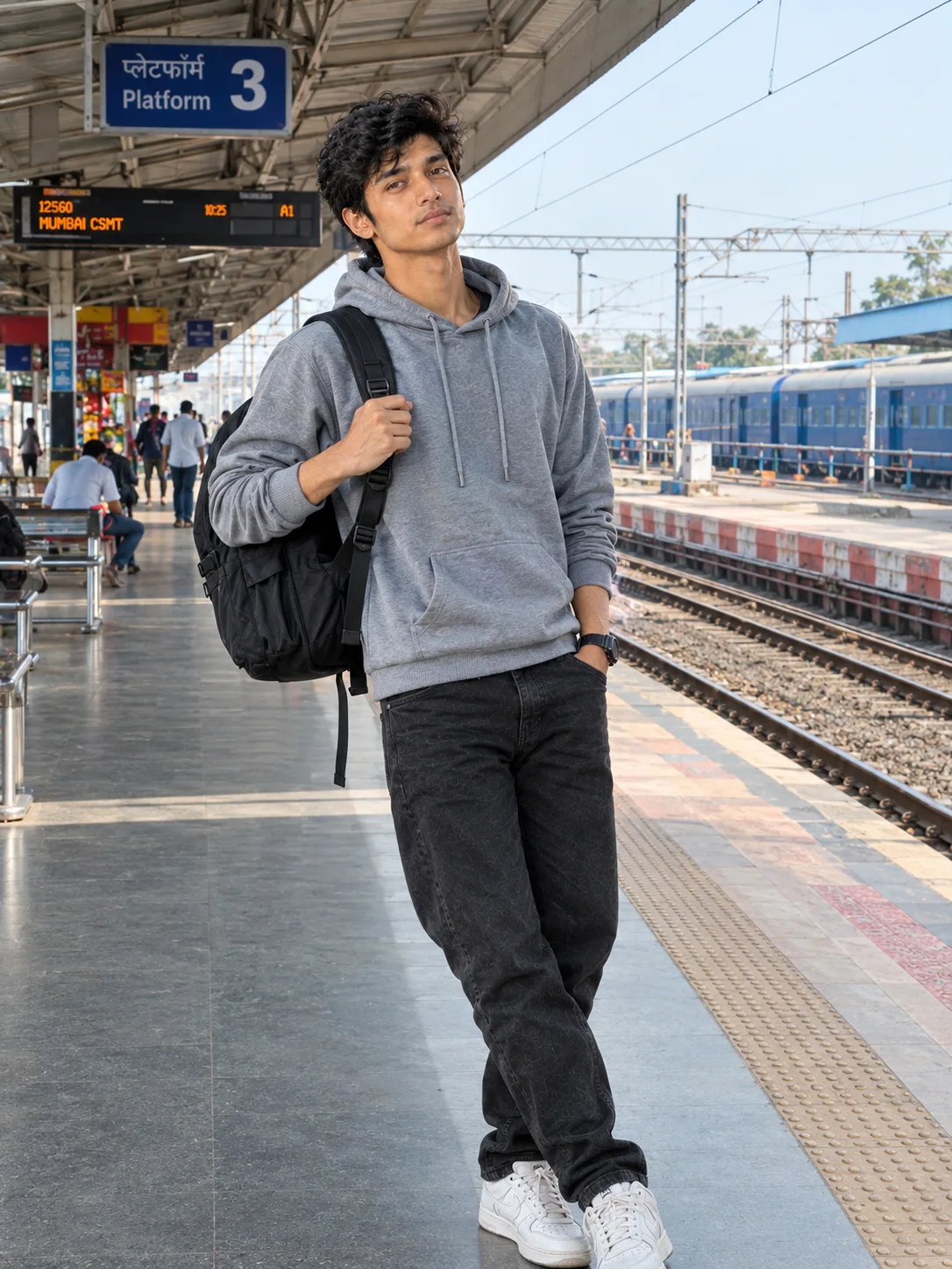 Ultra realistic photograph of a young man standing on a train station platform during daytime, shot on a real DSLR camera.