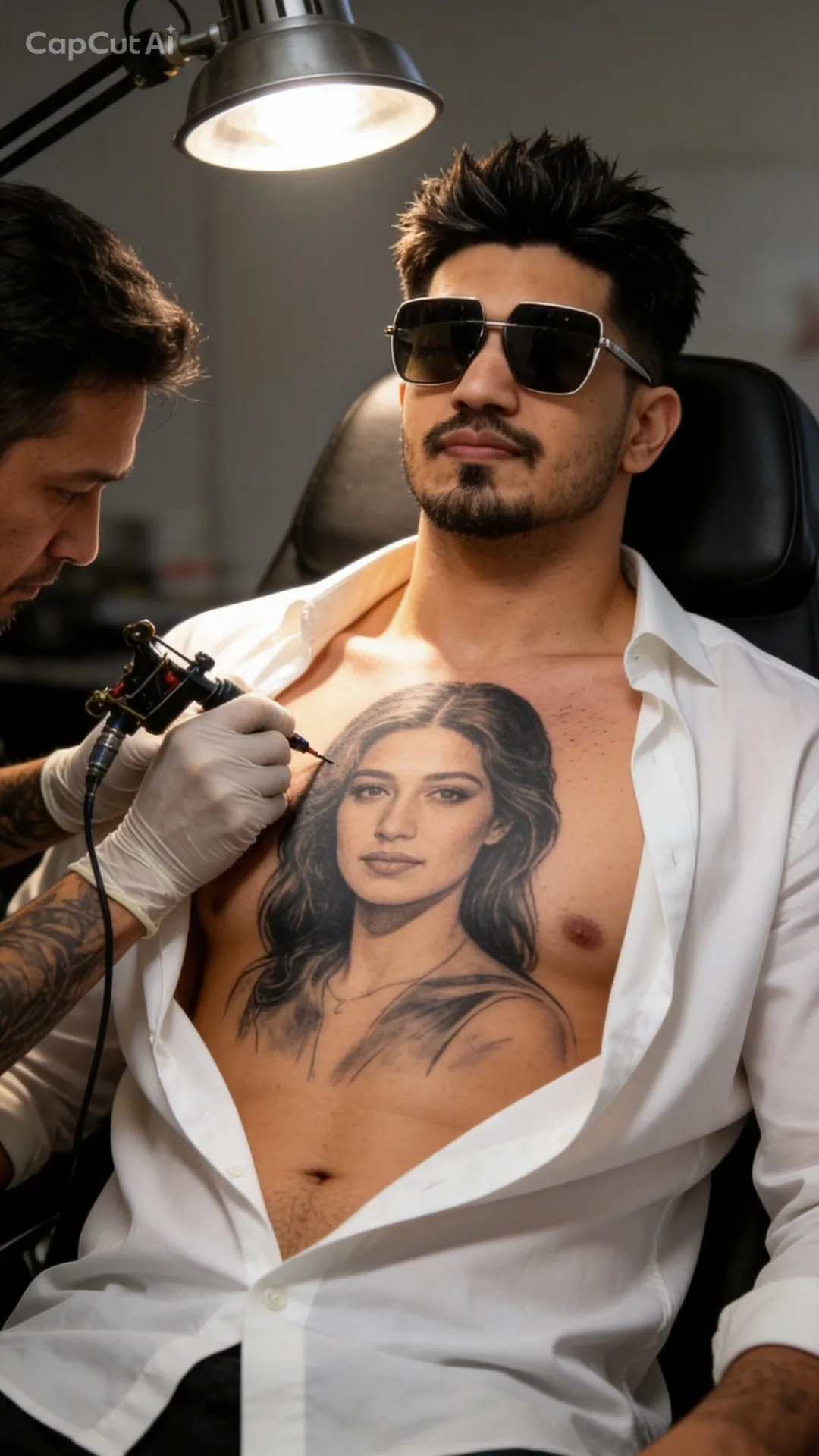 Single, stable, ultra-realistic cinematic tattoo studio scene.