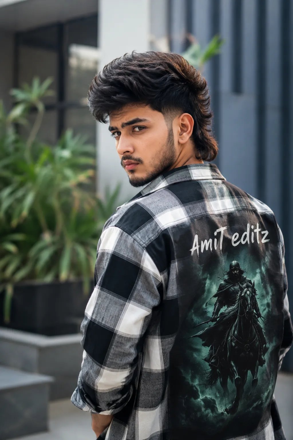 Portramof a young South boy, 18 years old, slim boy medium skin tone, mullet fade haircut wine curly voluminous top, wearing black and