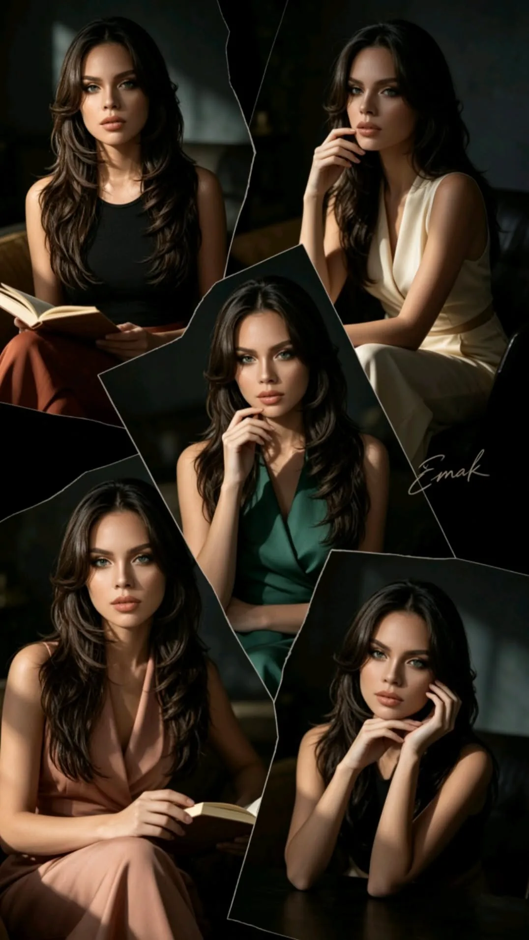 A stylish photo collage layout featuring five different elegant portraits of the same beautiful young woman with long, layered dark brown