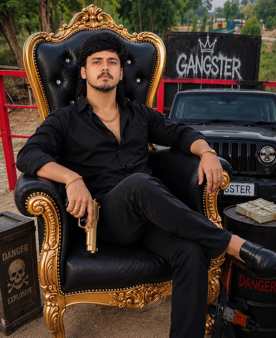 Create a cinematic, photorealistic luxury gangster-style portrait based on the reference image.