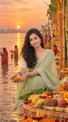 Ultra-realistic cinematic Chhath Puja portrait, vertical 9:16.