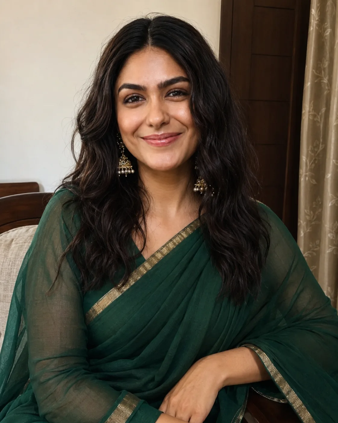 Ultra-realistic cinematic 4:5 portrait of a young Indian woman sitting gracefully in a clean, simple indoor home setting.