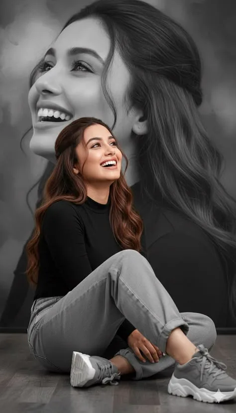 An artistic dual-exposure collage poster of a beautiful young South Asian woman with long, wavy brown hair styled in a half-updo, laughing