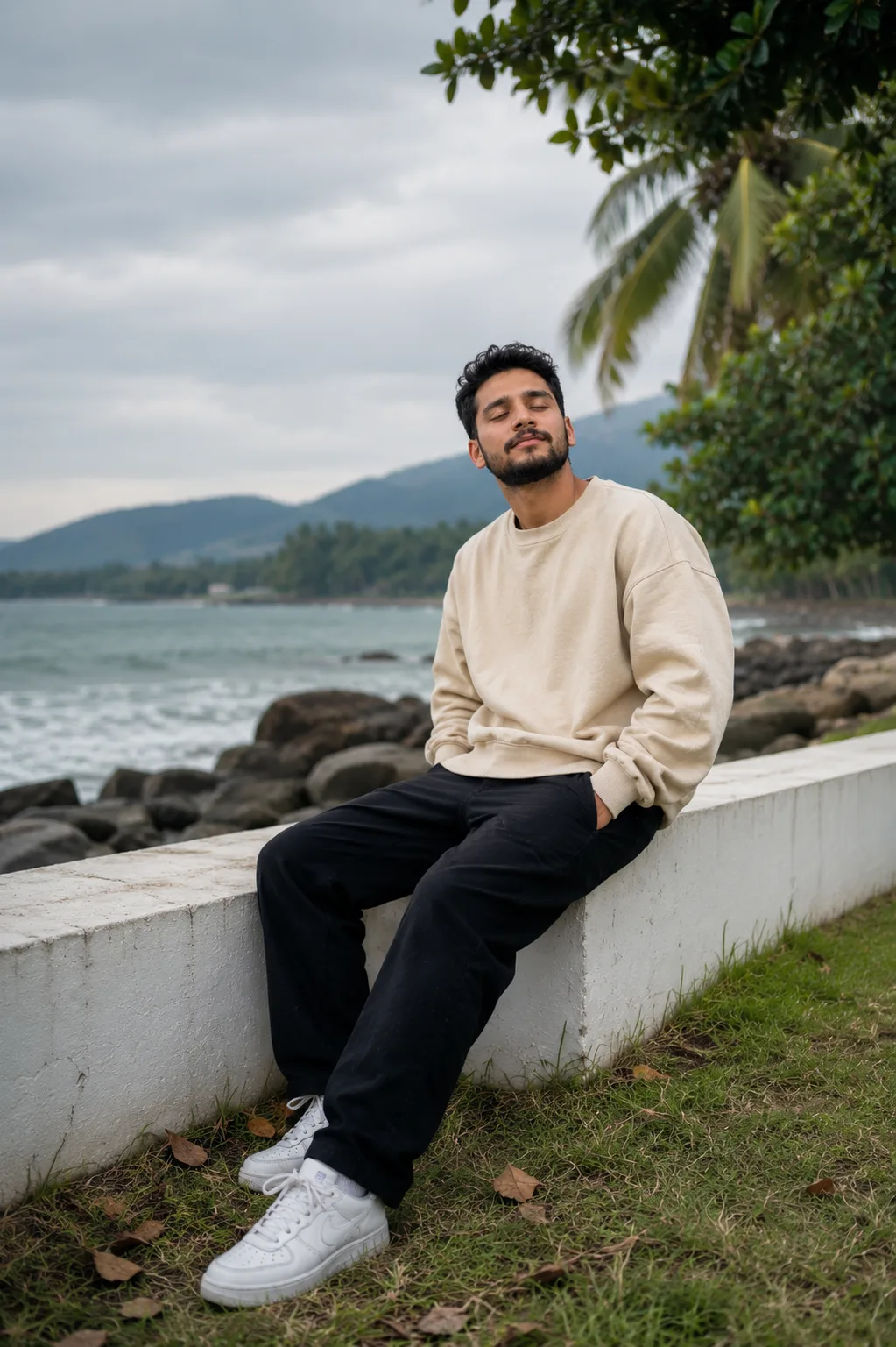 A highly realistic full-body photograph of {argument name="subject" default="a young person"}, sitting casually on a low white concrete
