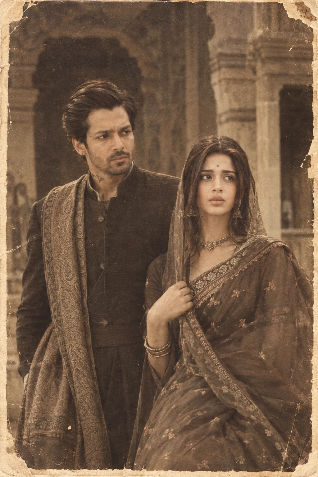 1920s SOUTH ASIAN COUPLE — AUTHENTIC 100-YEAR-OLD PHOTOGRAPH Use the uploaded photos as EXACT identity references for both people.