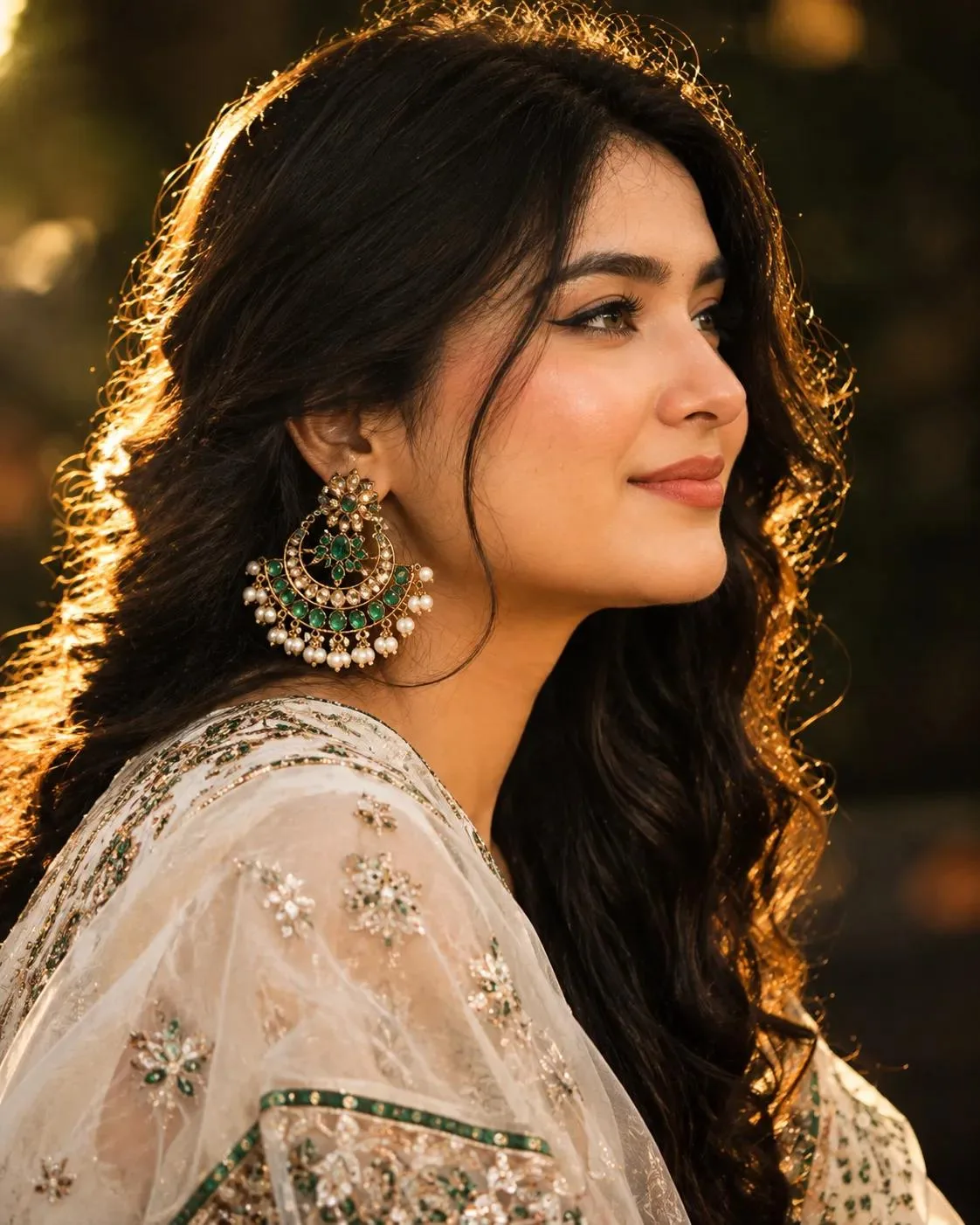 Prompt Create an image features a side-profile close-up portrait of a woman looking off to the right with a soft, gentle smile.