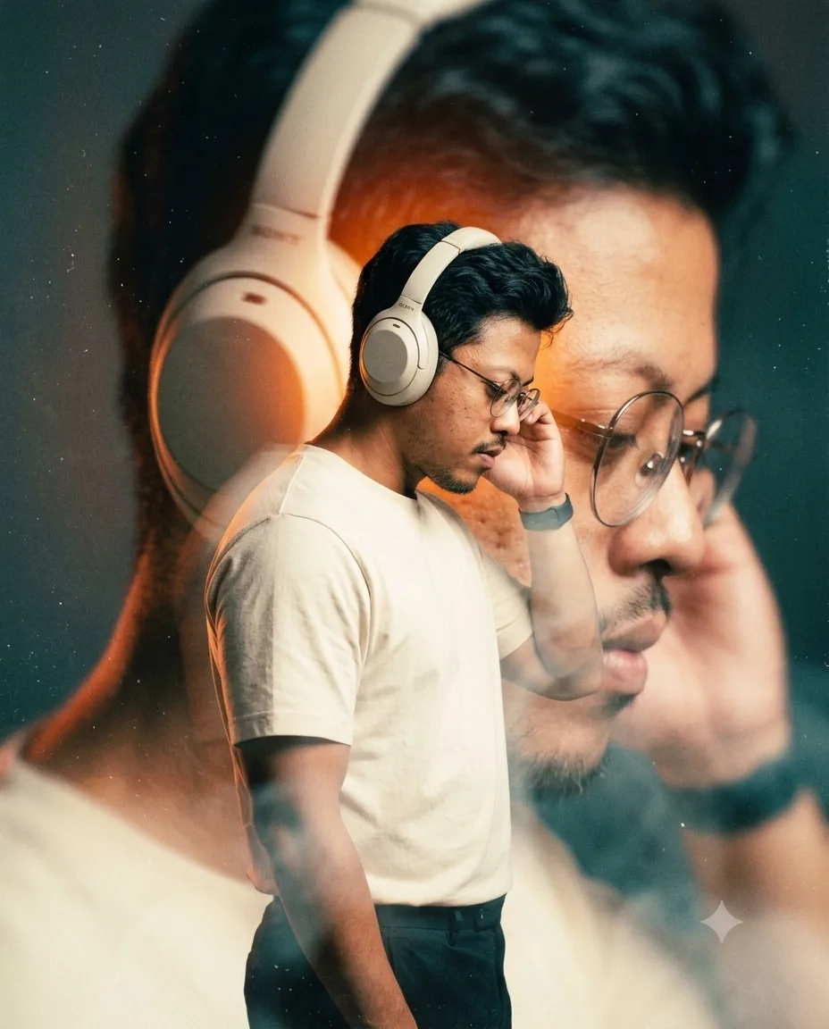 Crie uma fotografia vertical 4:5 do homem da referência usando fones grandes na cor marfim, camiseta creme e calça escura.