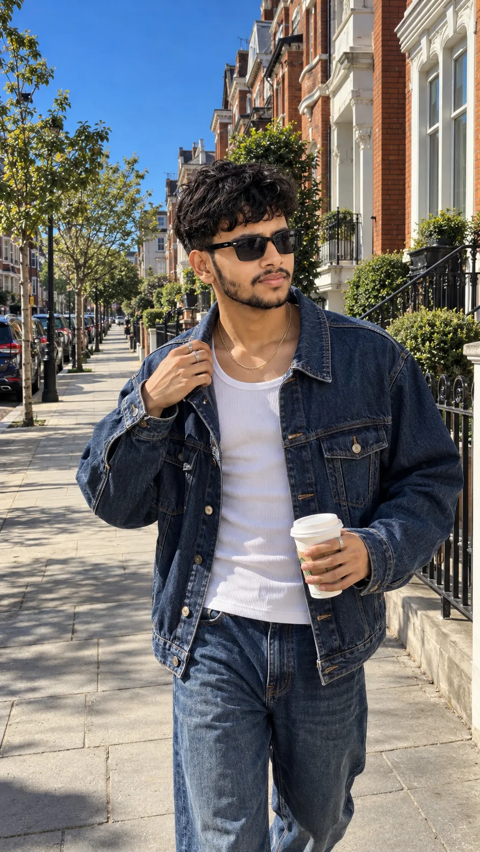 Create a photorealistic smartphone street-fashion portrait of a stylish young man walking along an elegant red-brick residential street on