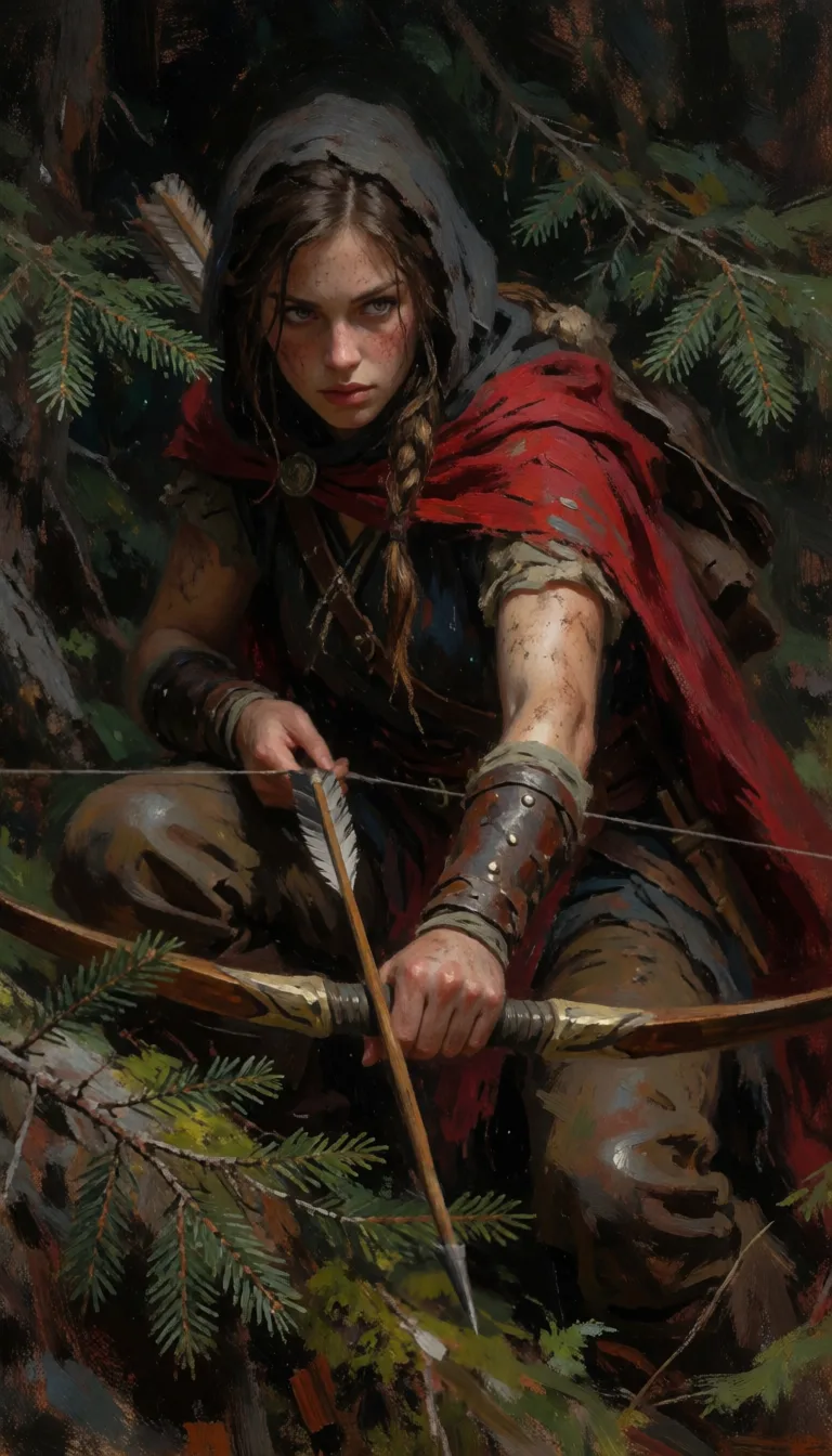 "A young adult female, appearing of Caucasian ethnicity, with brown hair and piercing, focused eyes, crouches low amidst dense evergreen