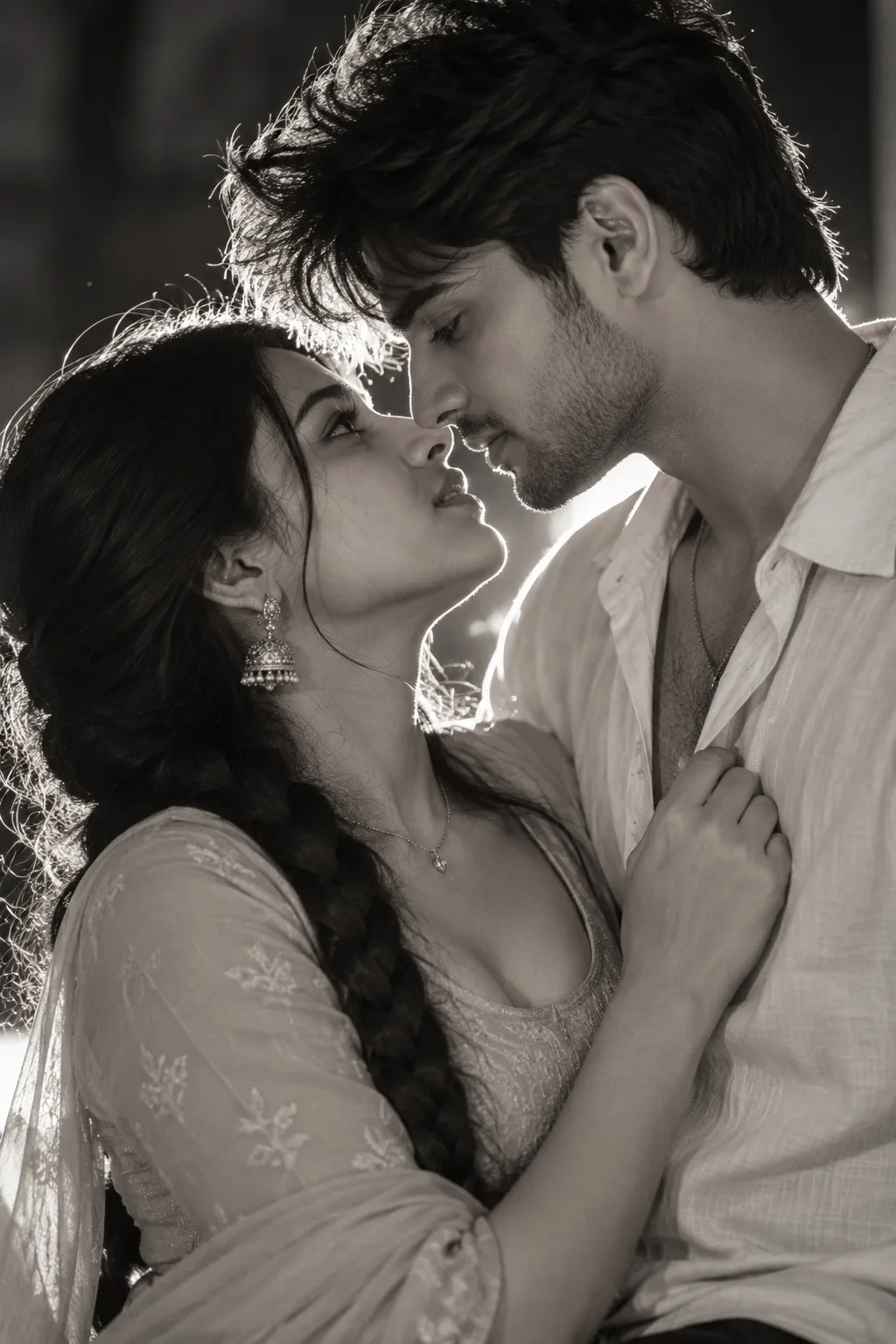 Create an ultra-realistic, high-resolution black-and-white cinematic romantic couple portrait based closely on the uploaded reference