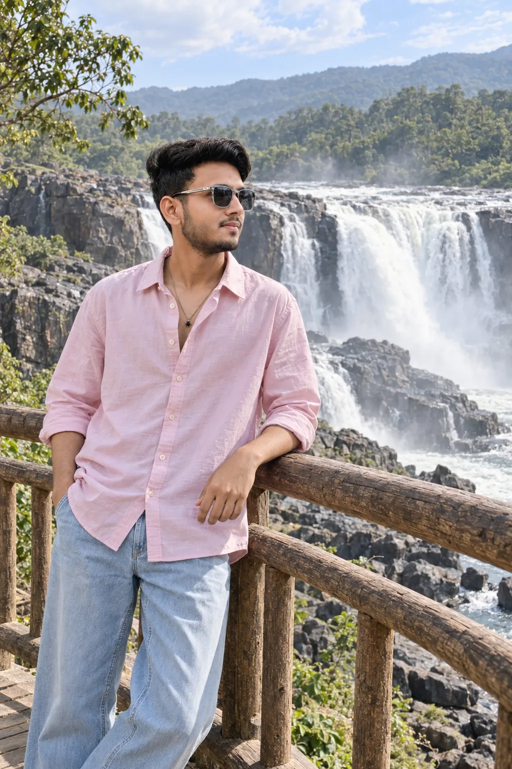 Prompt: Create a highly realistic, ultra-detailed cinematic travel photograph of a young Indian man casually standing on a wooden