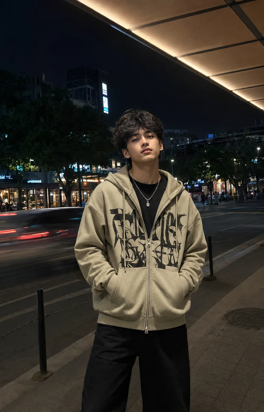 Create an ultra-realistic premium nighttime street-fashion portrait of a young male standing casually outdoors on a city street at night,