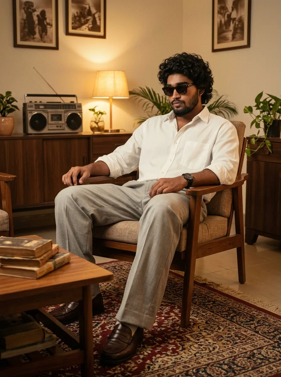 A photorealistic, vintage-styled medium-full shot of a young South Asian man relaxing in a mid-century wooden armchair, strictly preserving