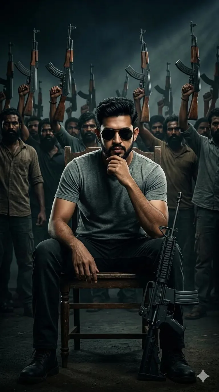 A hyperrealistic, cinematic action movie poster in the style, featuring an Indian man in his 30s wearing a grey half-sleeved shirt, dark
