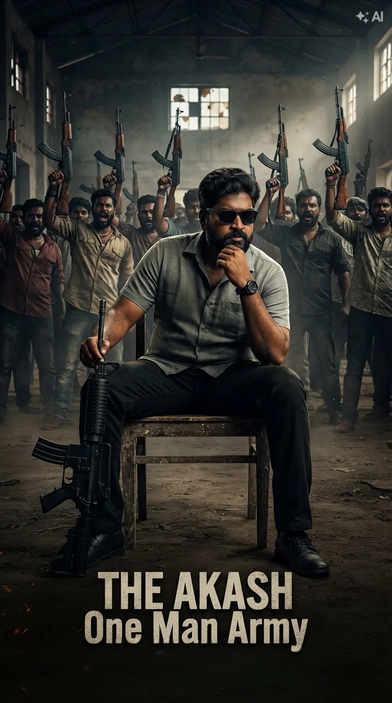 A cinematic film poster featuring a powerful South Asian man in his 30s, with a well-groomed beard and mustache, wearing dark sunglasses