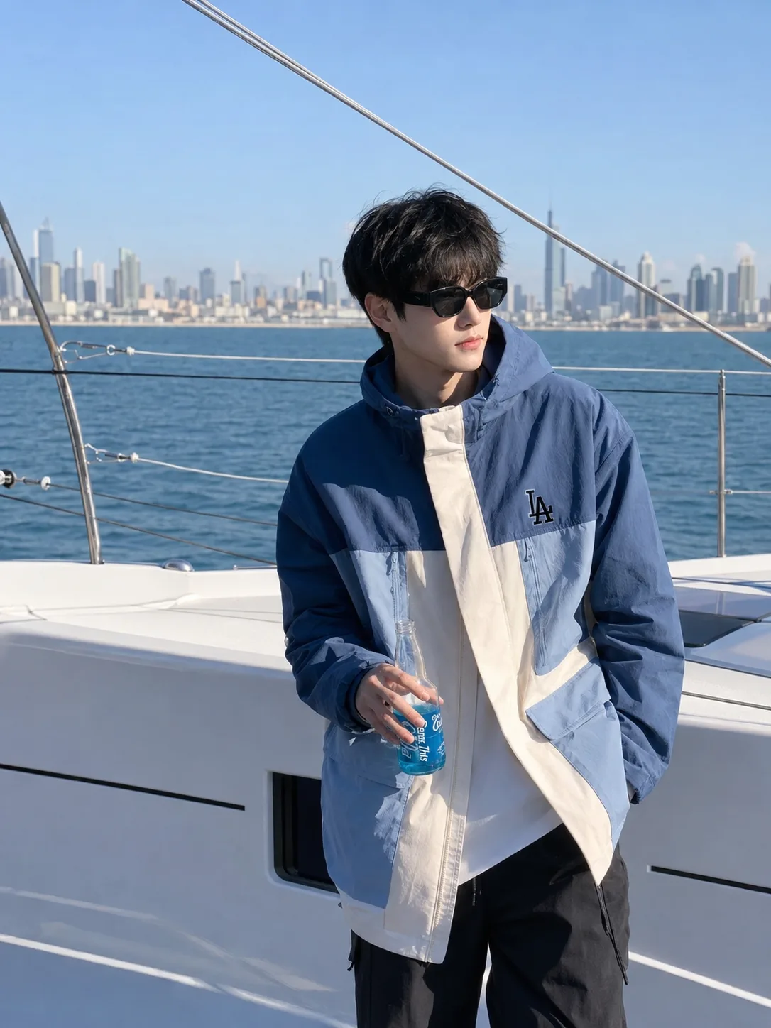 Create an ultra-realistic, premium editorial travel-fashion photograph of a stylish young male traveler standing casually on the open deck