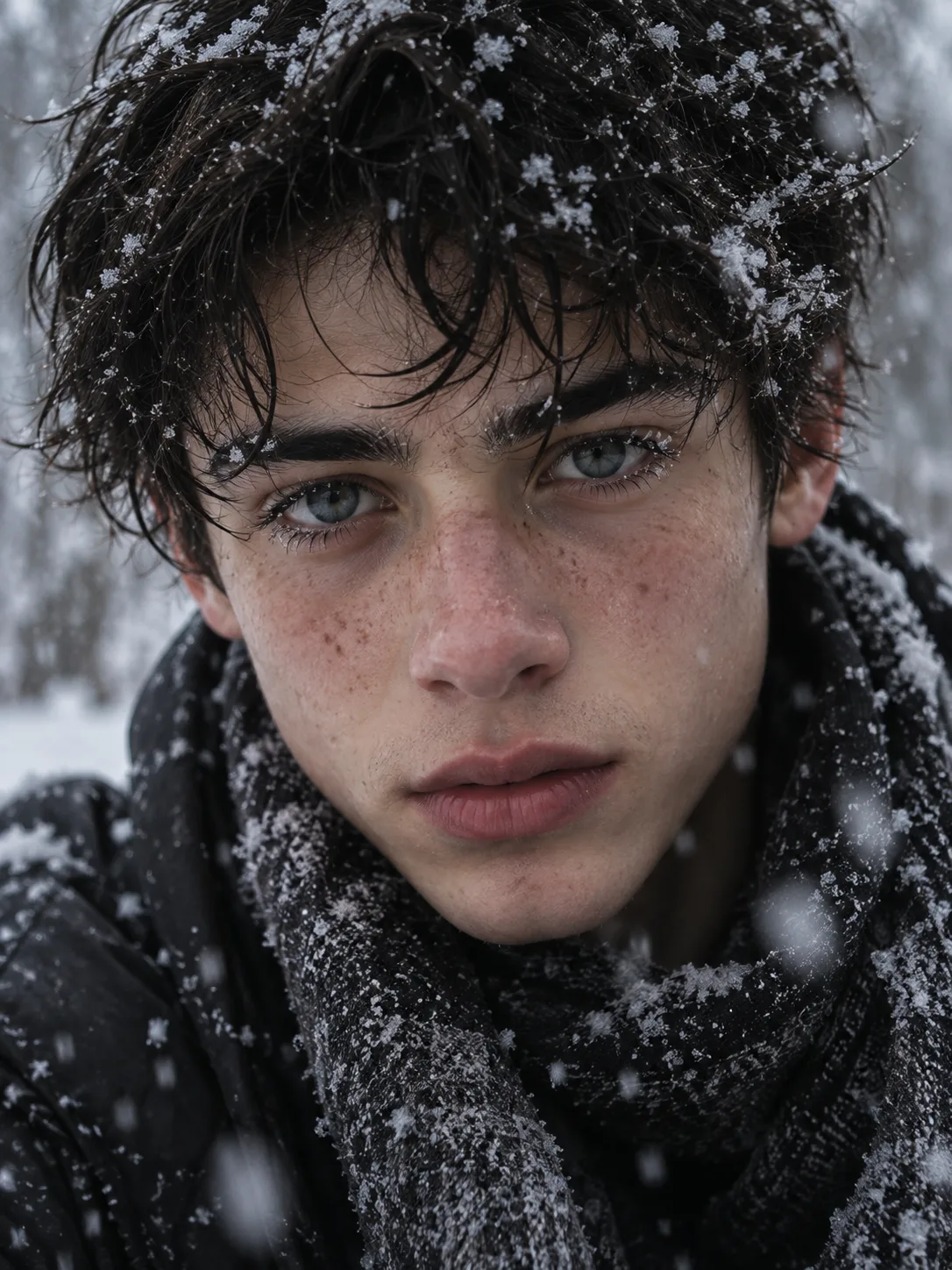 A close-up portrait of a young boy with striking pale blue-gray eyes, delicate freckles lightly dusting her nose and cheeks, and a warm,