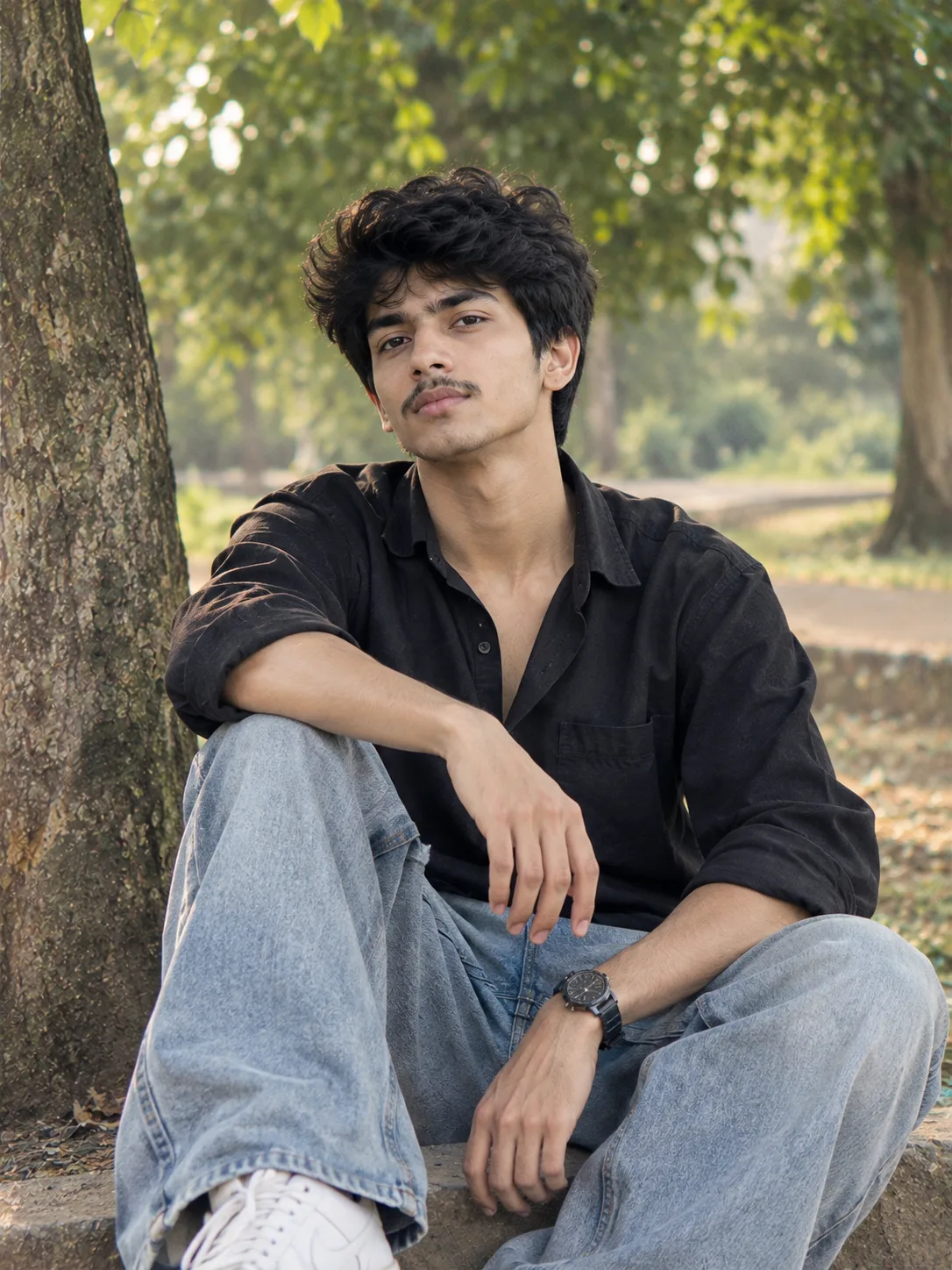 Create an ultra-realistic, high-end contemporary fashion editorial portrait of a handsome young South Asian male model sitting casually in
