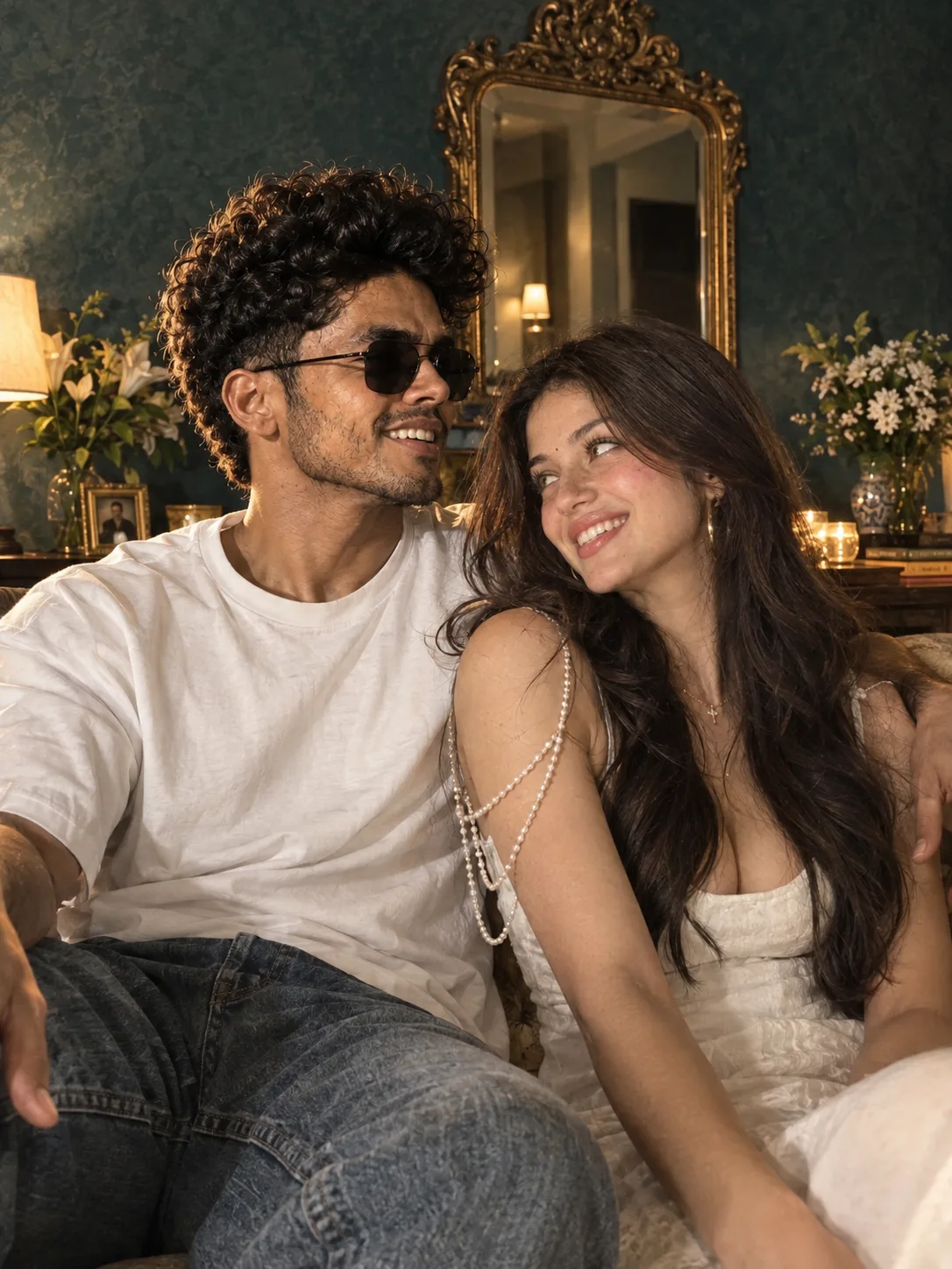 A realistic, high-quality photograph of a happy young Indian couple sitting close together and laughing joyfully.
