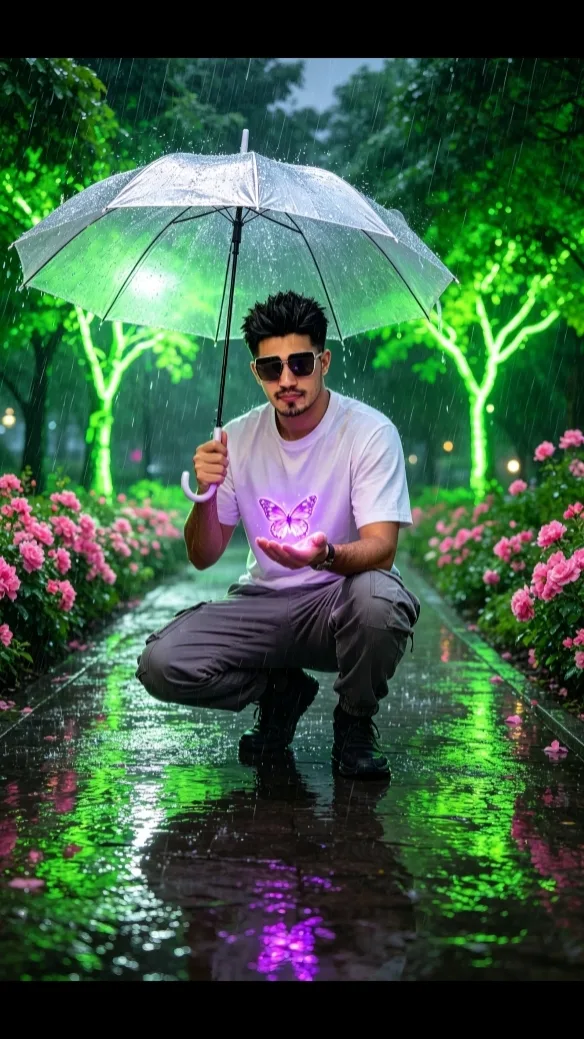 A handsome 19-year-old young man with the same face as the reference photo, wearing a white T-shirt and gray cargo pants, crouching on a