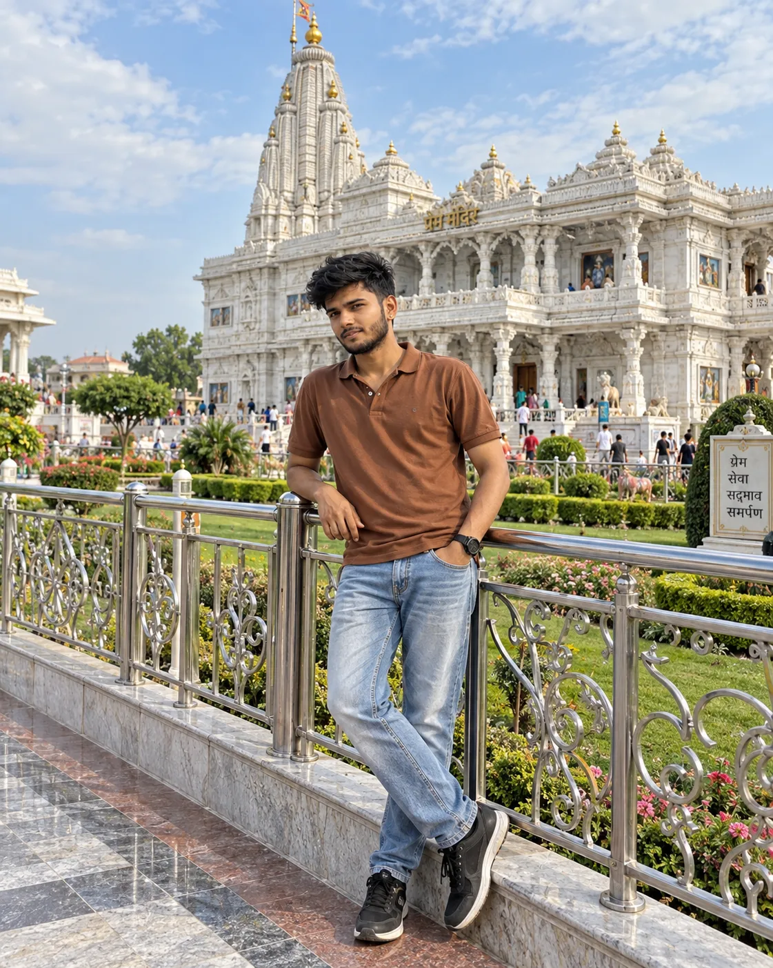 Create a highly realistic, ultra-detailed cinematic travel photograph of a young Indian man casually posing in the landscaped garden area