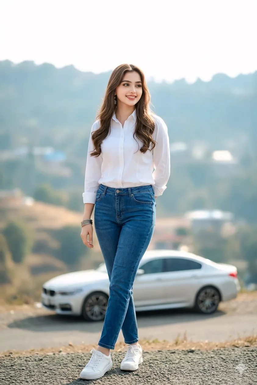 > **CONCEPT:** A high-definition full-body portrait photograph featuring the same young woman with her specific long brown hair, smile, and