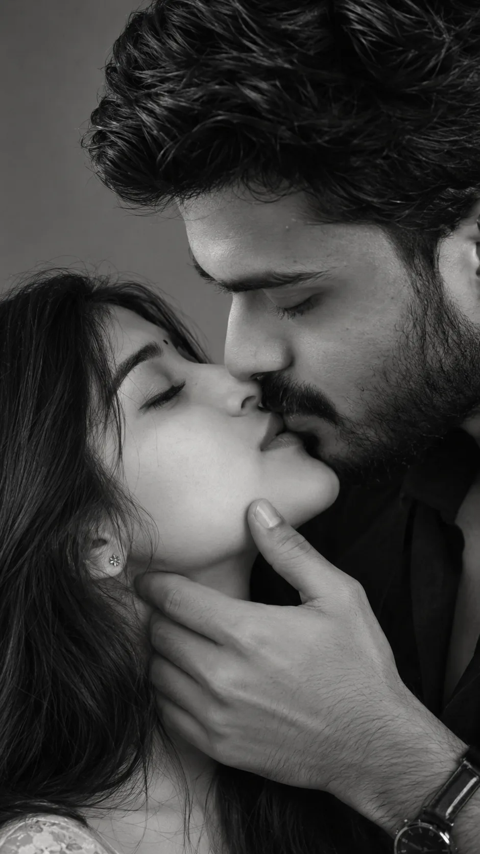 Create an ultra-realistic black-and-white intimate portrait of a young adult couple, closely recreating the uploaded reference image’s