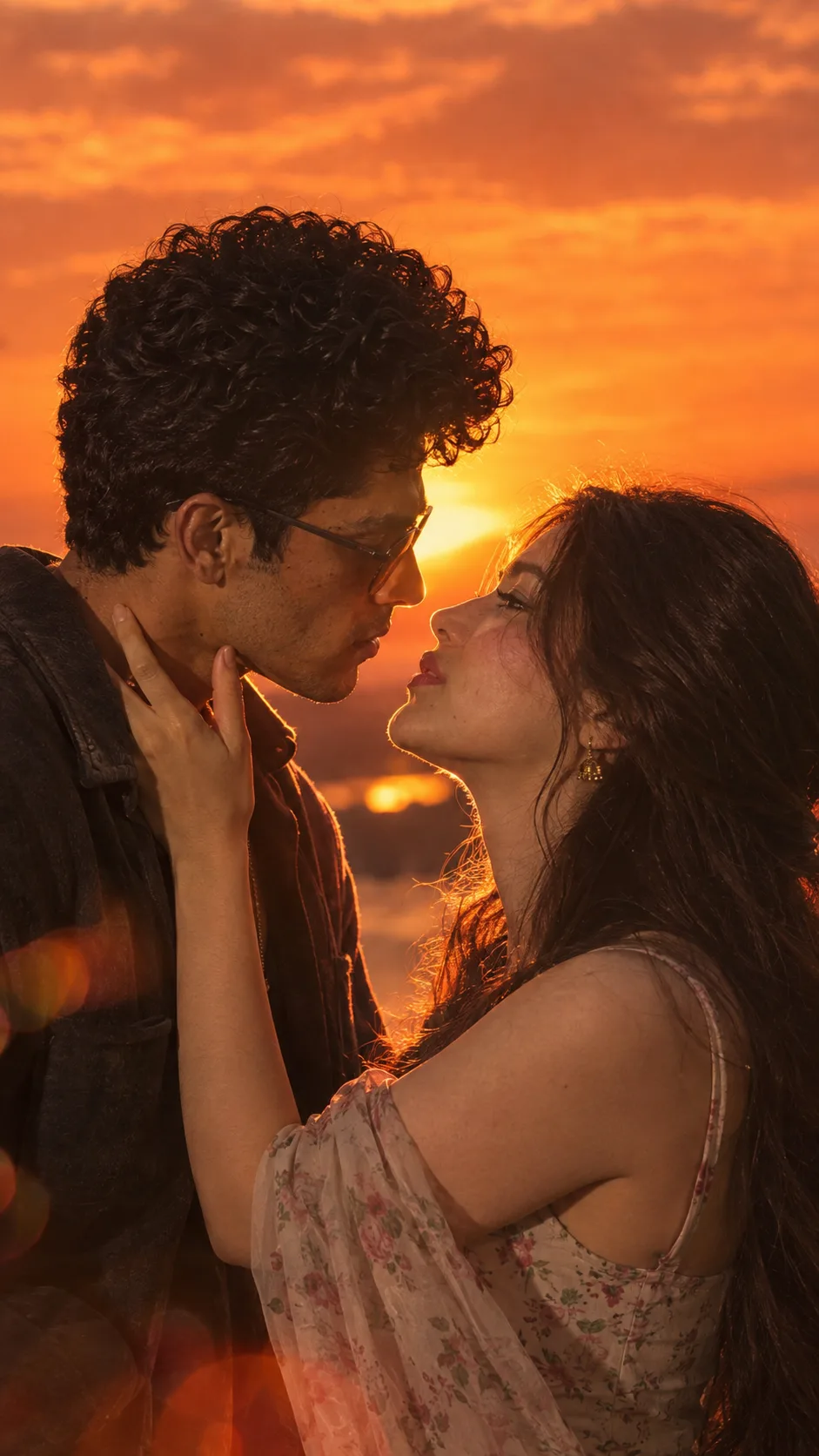 Using the same uploaded couple faces, ultra-realistic cinematic portrait of the couple leaning in for a kiss during sunset; fiery orange