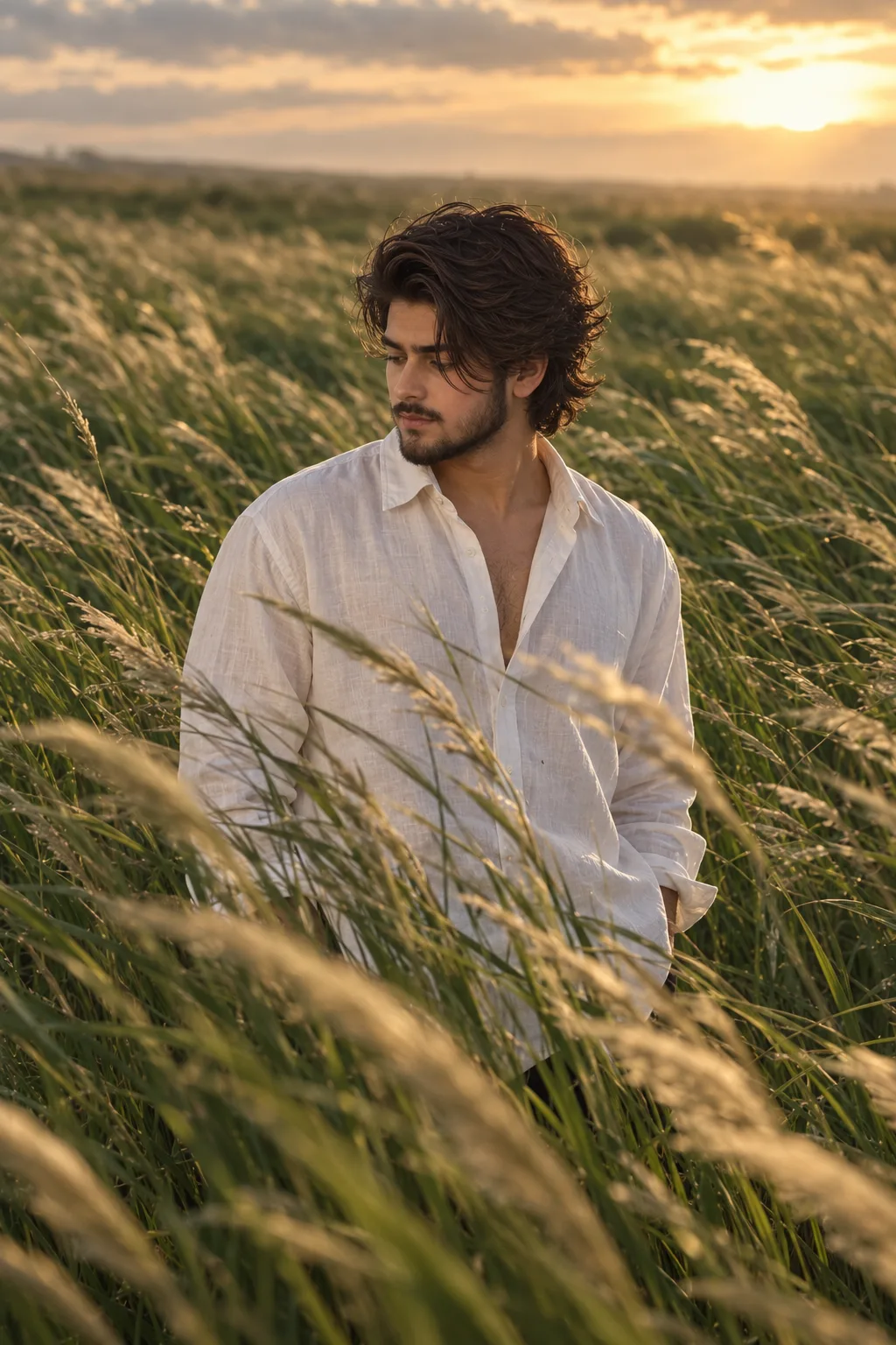 **Ultra-realistic cinematic editorial portrait of a handsome young adult man standing alone in a vast field of tall, flowing green grass