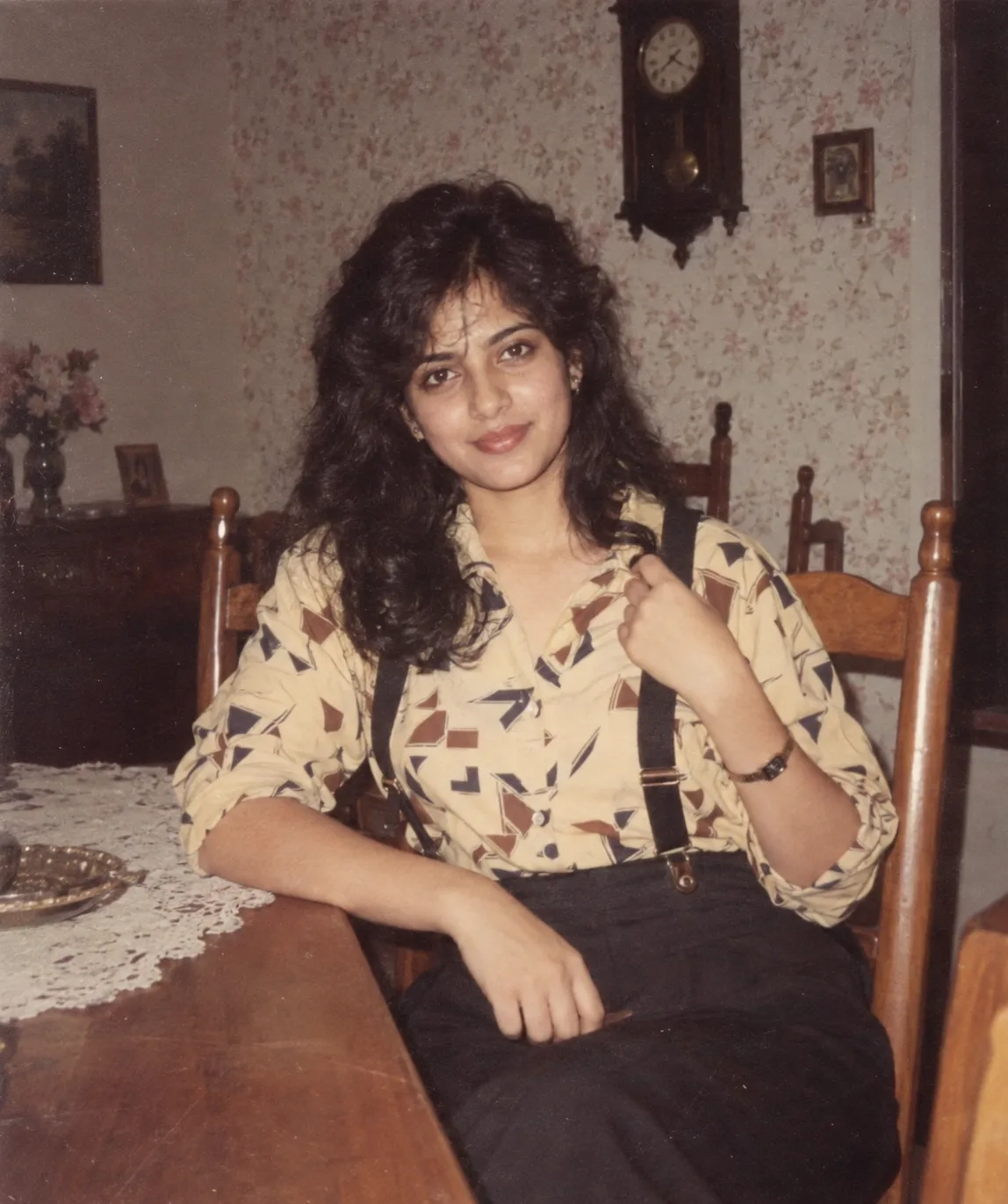 Create a highly realistic authentic 1980s analog family photograph of an adult young woman in a strict half-body close-up, framed from