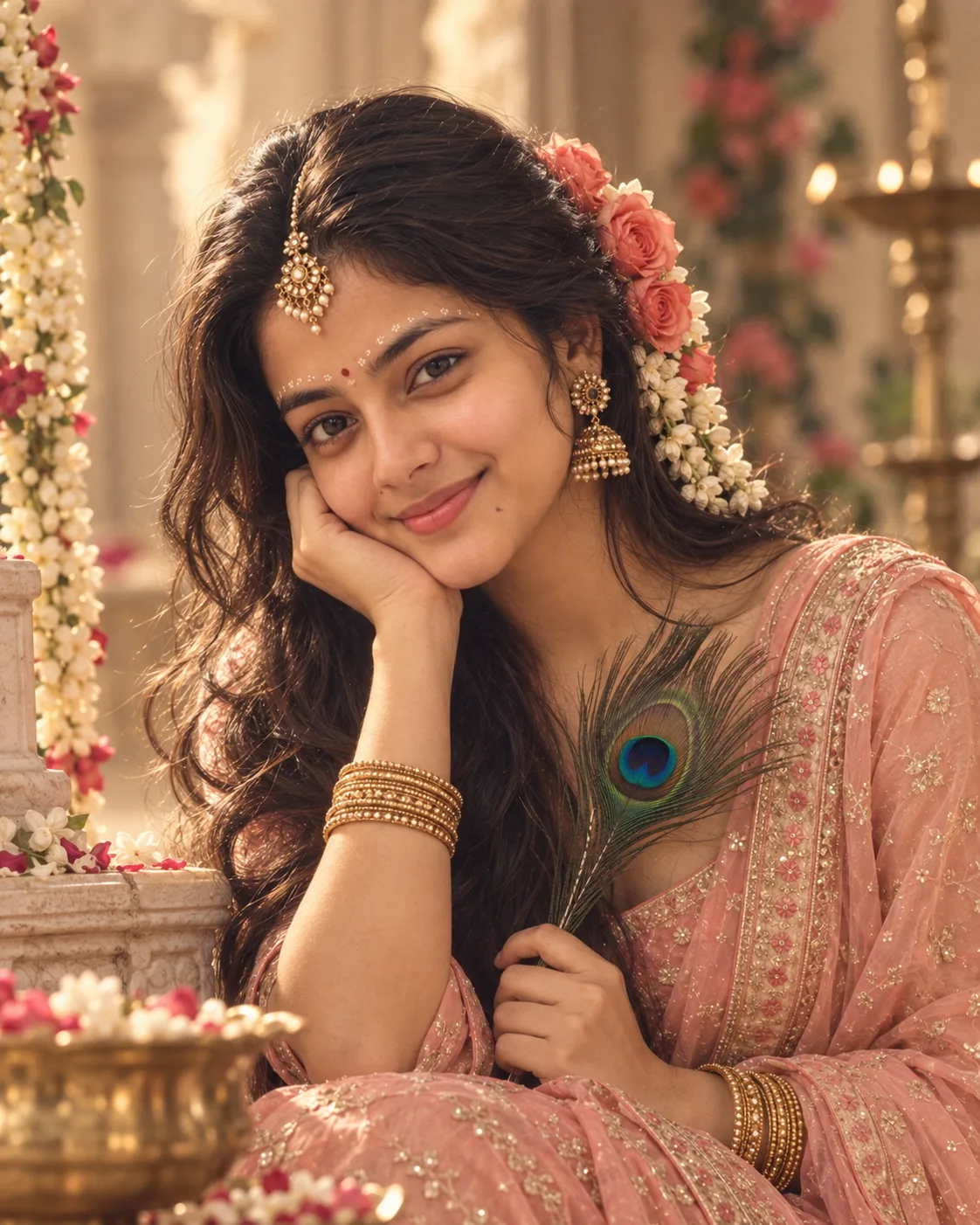 Create a photorealistic vertical Radha Rani-inspired portrait matching the reference.