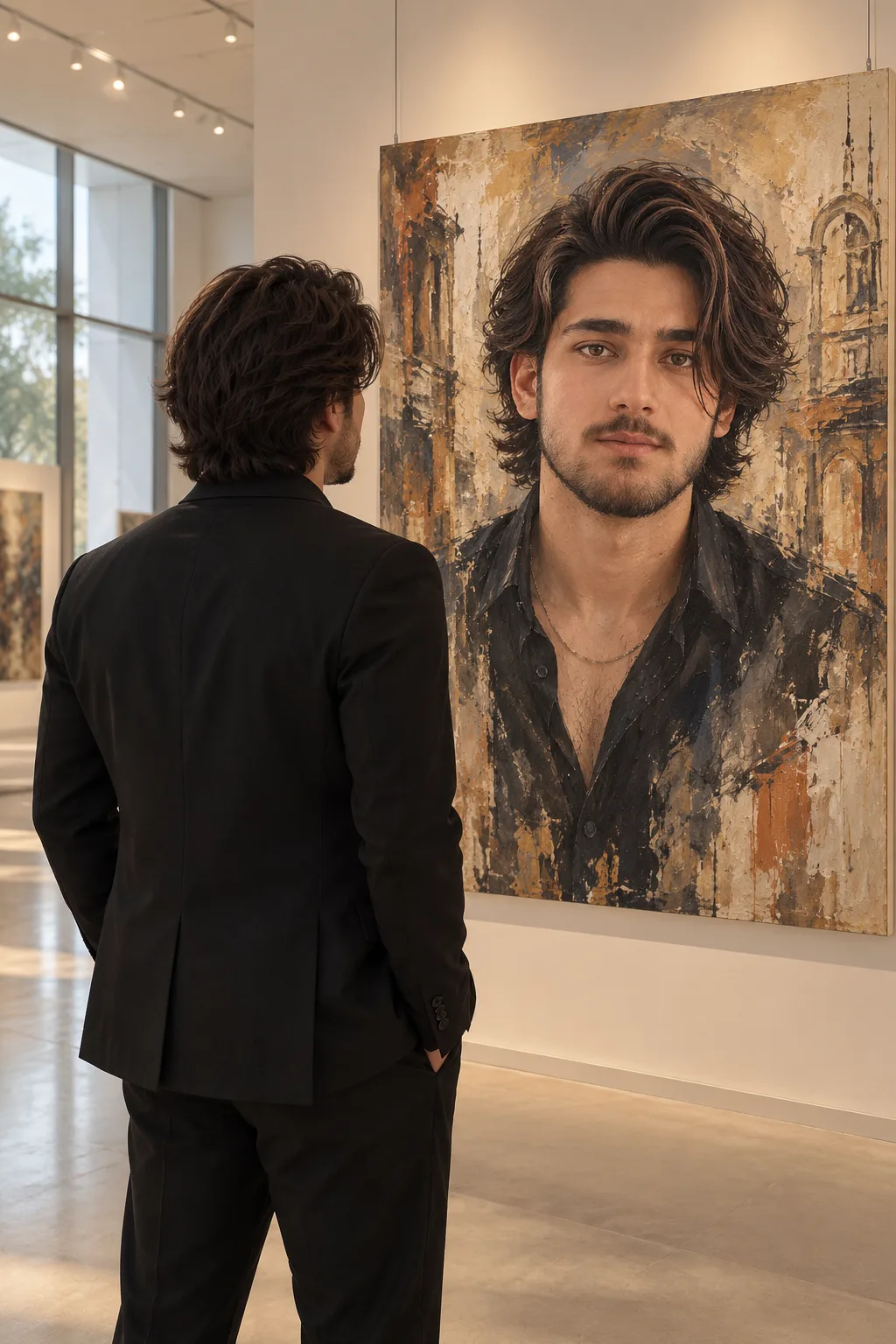 **Ultra-realistic cinematic fine-art lifestyle photograph of a young adult man standing in a contemporary minimalist art gallery, viewed