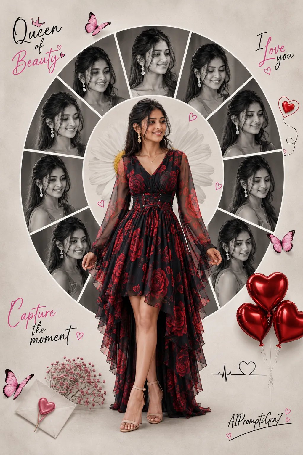 Create an ultra-photorealistic premium scrapbook-style portrait collage with a luxurious social-media aesthetic.