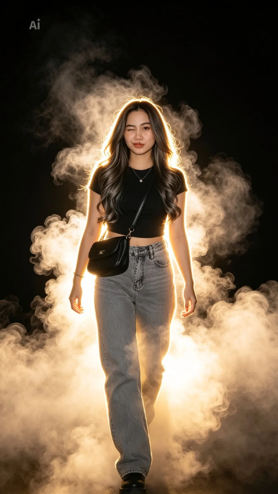 A cinematic full-body photo of a beautiful young Southeast Asian woman confidently walking forward against a pitch-black background.