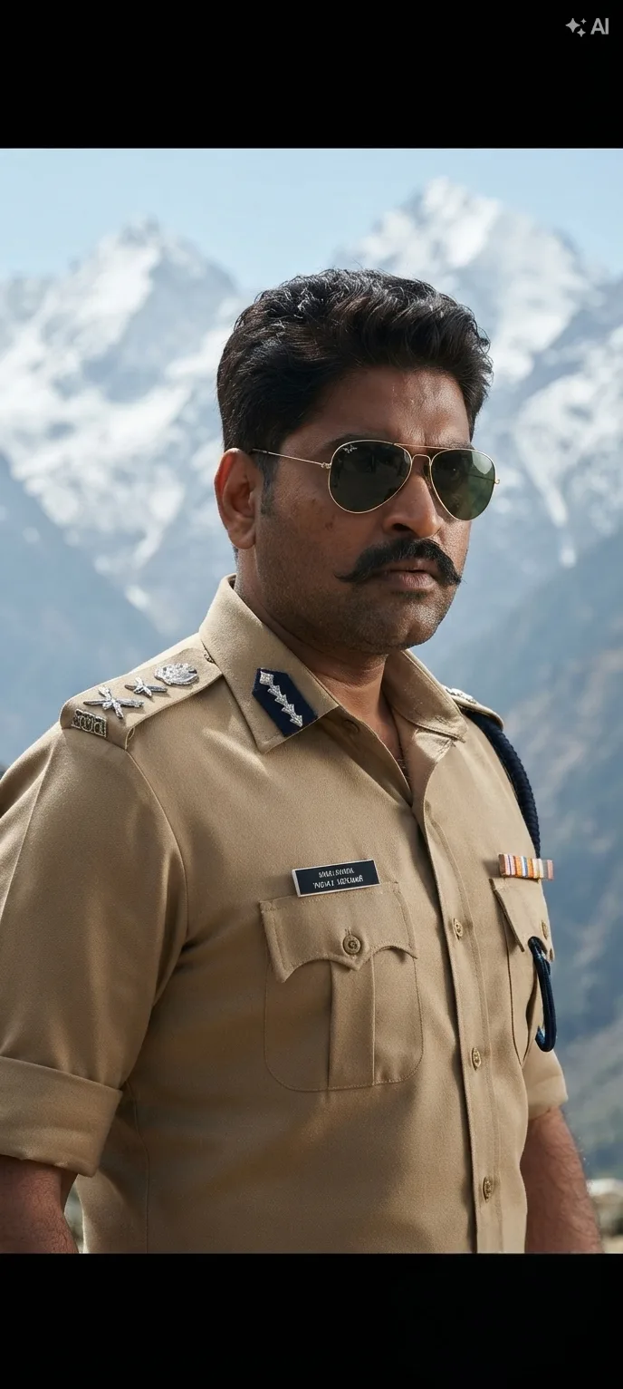 A cinematic medium shot of a rugged Indian police officer with a sharp mustache, wearing classic aviator sunglasses and a formal khaki