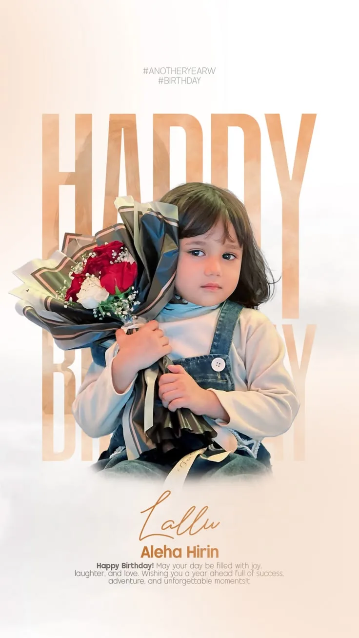 Birthday Digital Poster of Young Toddler Girl with Rose Bouquet