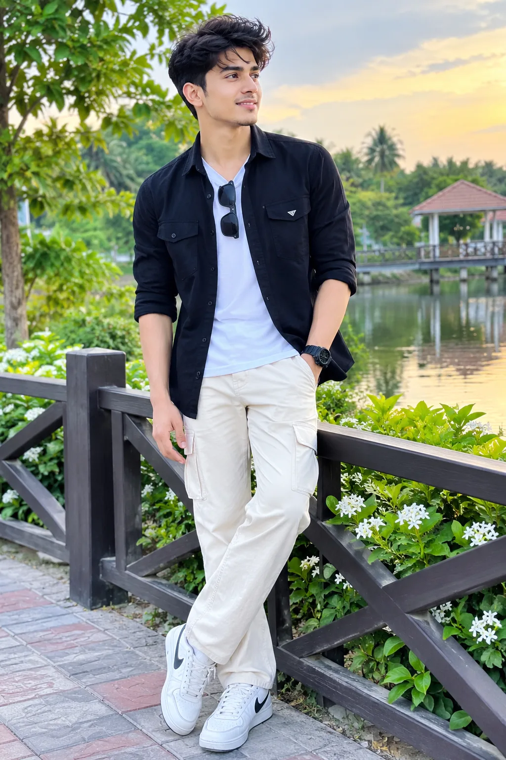 A handsome young South Asian man wearing a stylish black shirt over a white T-shirt, beige cargo pants, and white sneakers.